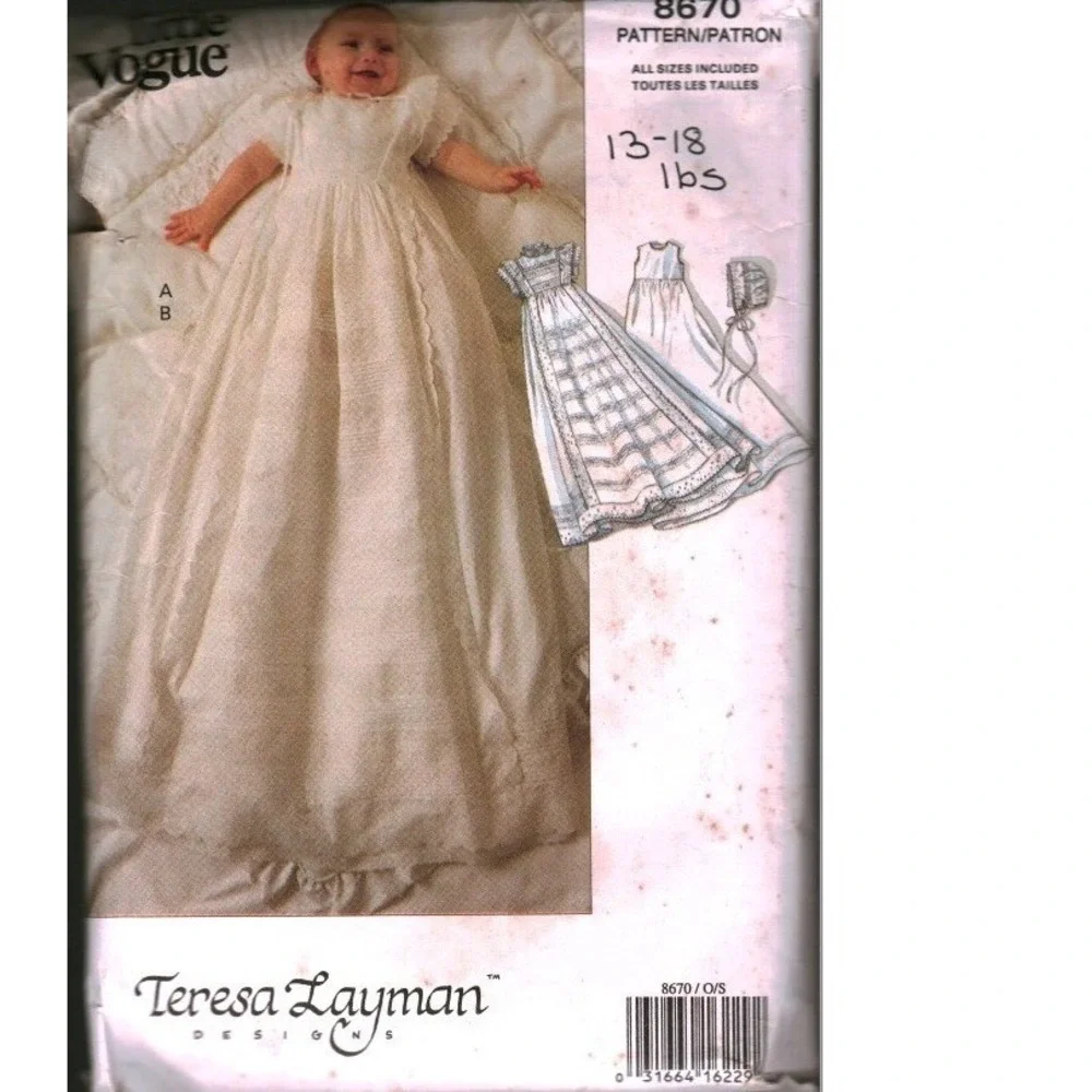 Little Vogue 8670 Teresa Layman Infant Christening Gown Bonnet Slip Pattern OS